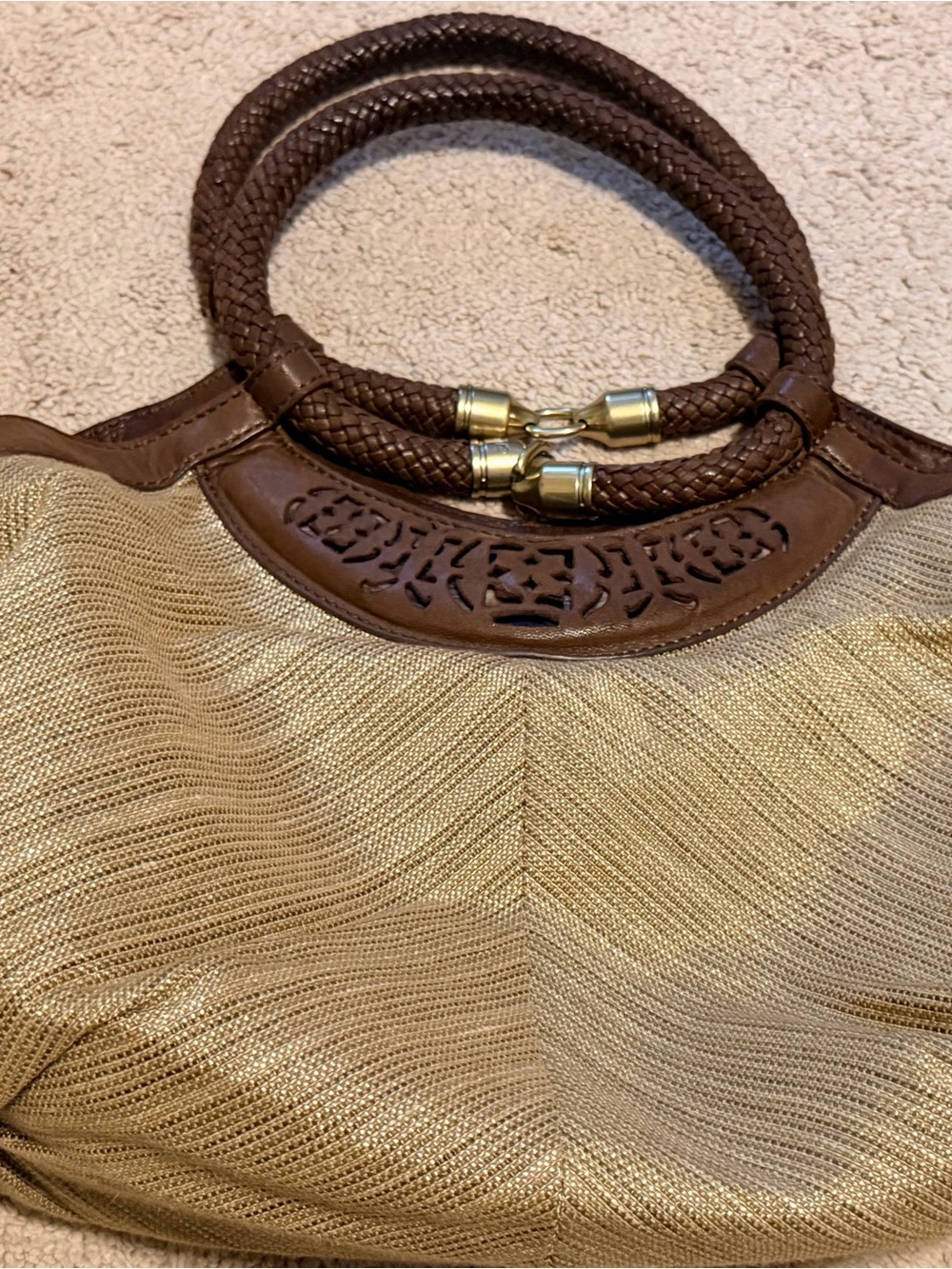 Cole Haan Woven Metallic Gold Tote with Brown Leather Handles
